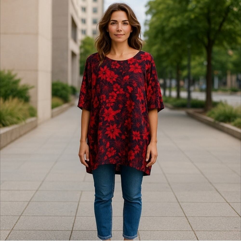 LuLaRoe Mid-Length Sleeve Floral Print Tunic Hi Low Top Size XL